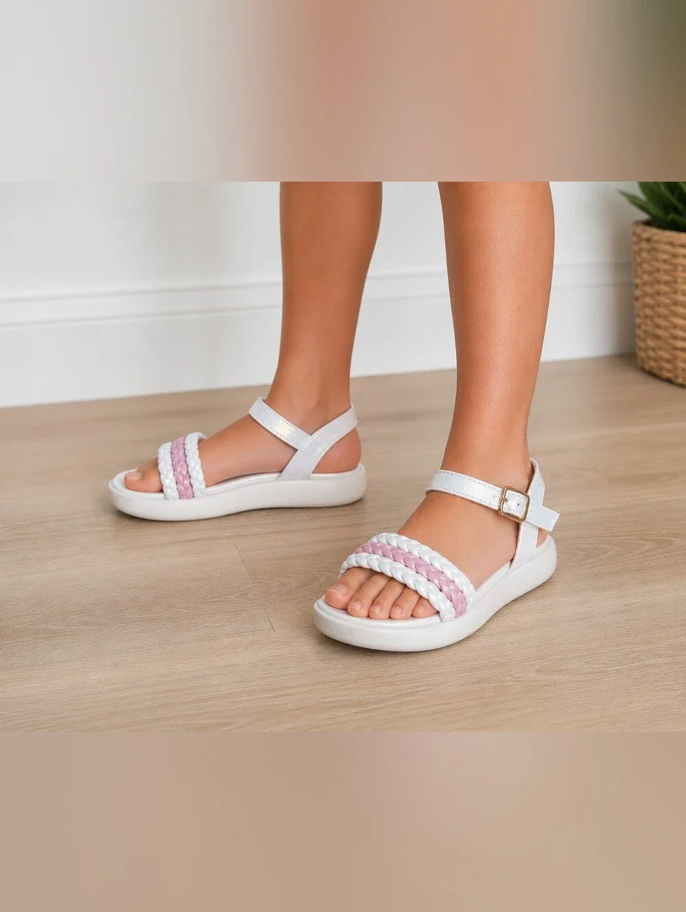 Kenzie Girl Girls Sandals Size 1 White & Pink Braided Ankle Strap Sandals